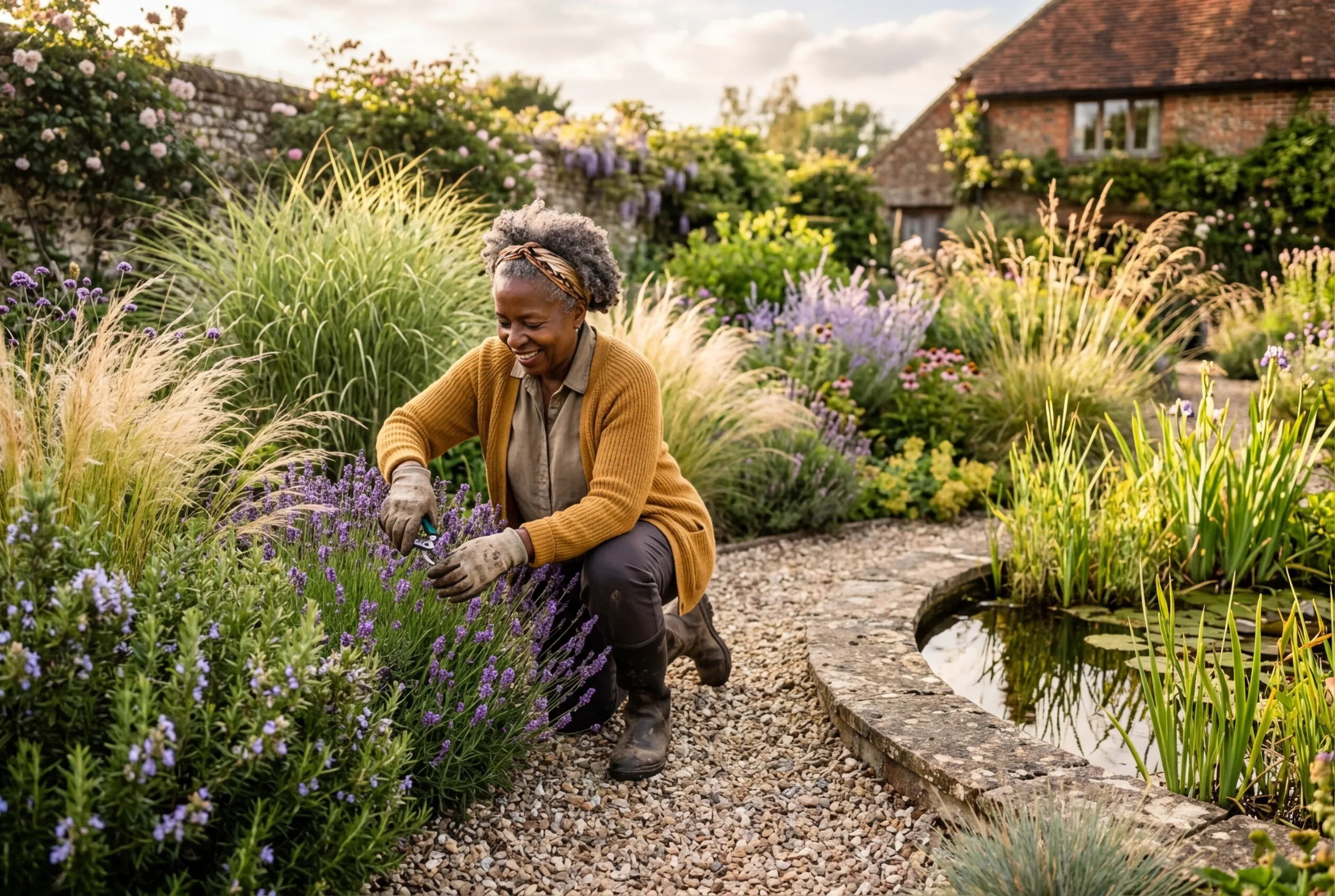 Climate-resilient garden design with ornamental grasses, Mediterranean planting, gravel paths, and wildlife pond