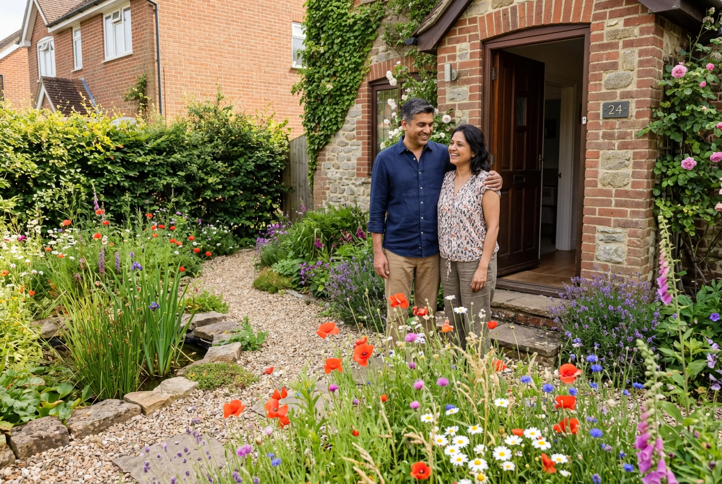 Rewilded suburban front garden in the UK with wildflower meadow strip, native hedgerow, and rain garden