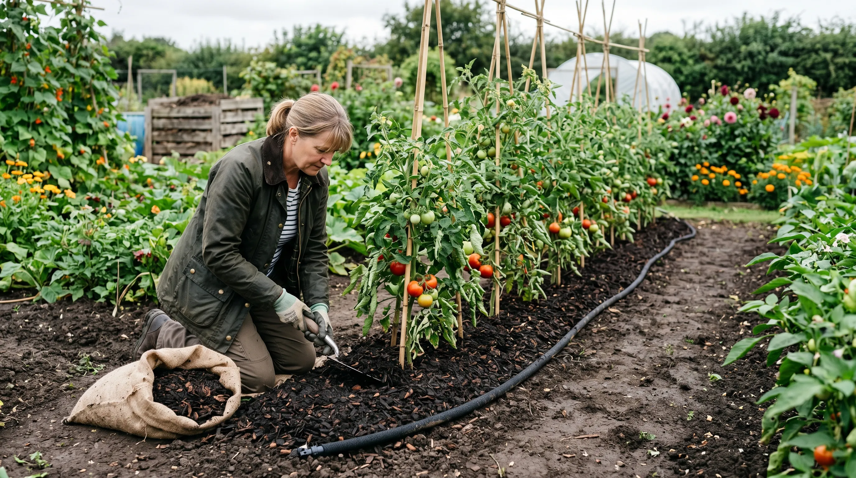 UK gardener applying 50mm of dark composted bark mulch around tomato plants to conserve soil moisture with a soaker hose visible threaded along the row