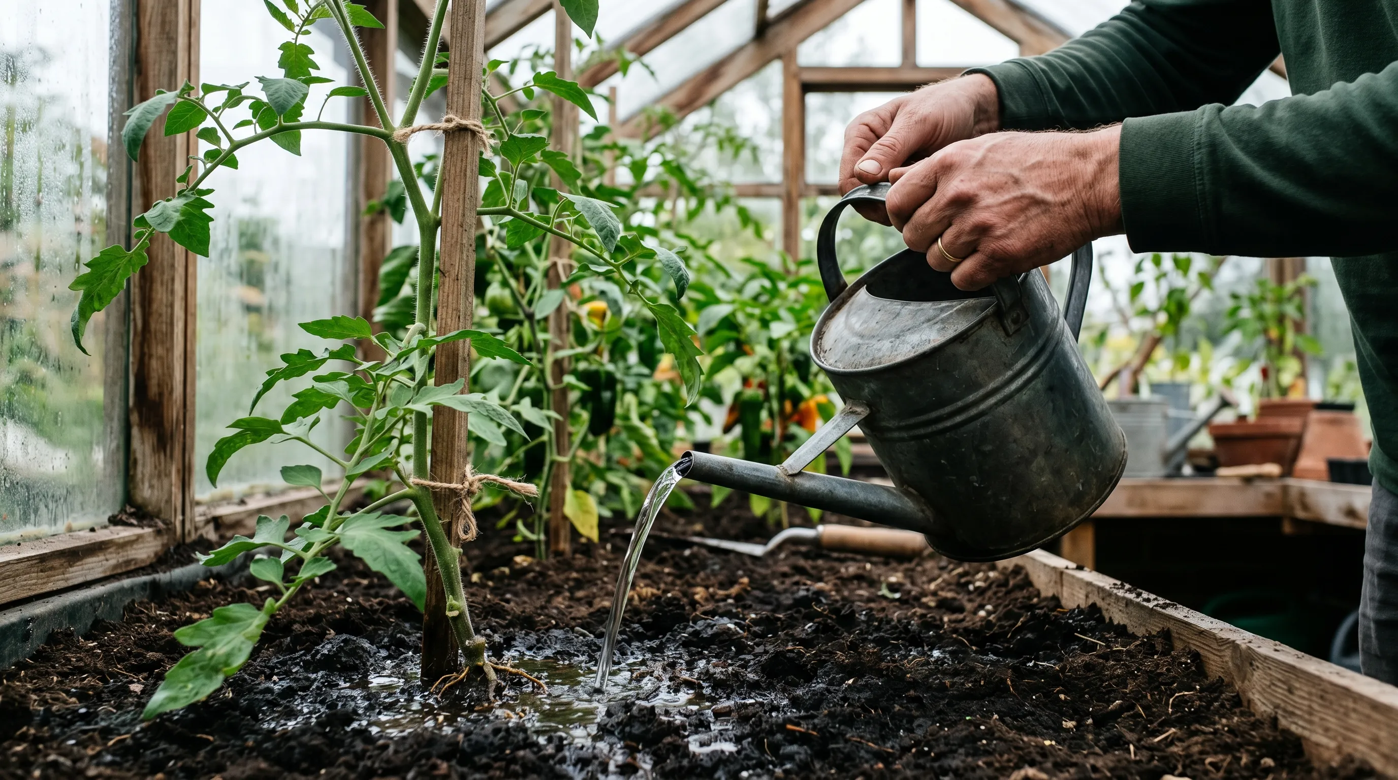 Hands watering at the base of a tomato plant stem in a UK greenhouse, water soaking into dark soil with dry leaves above