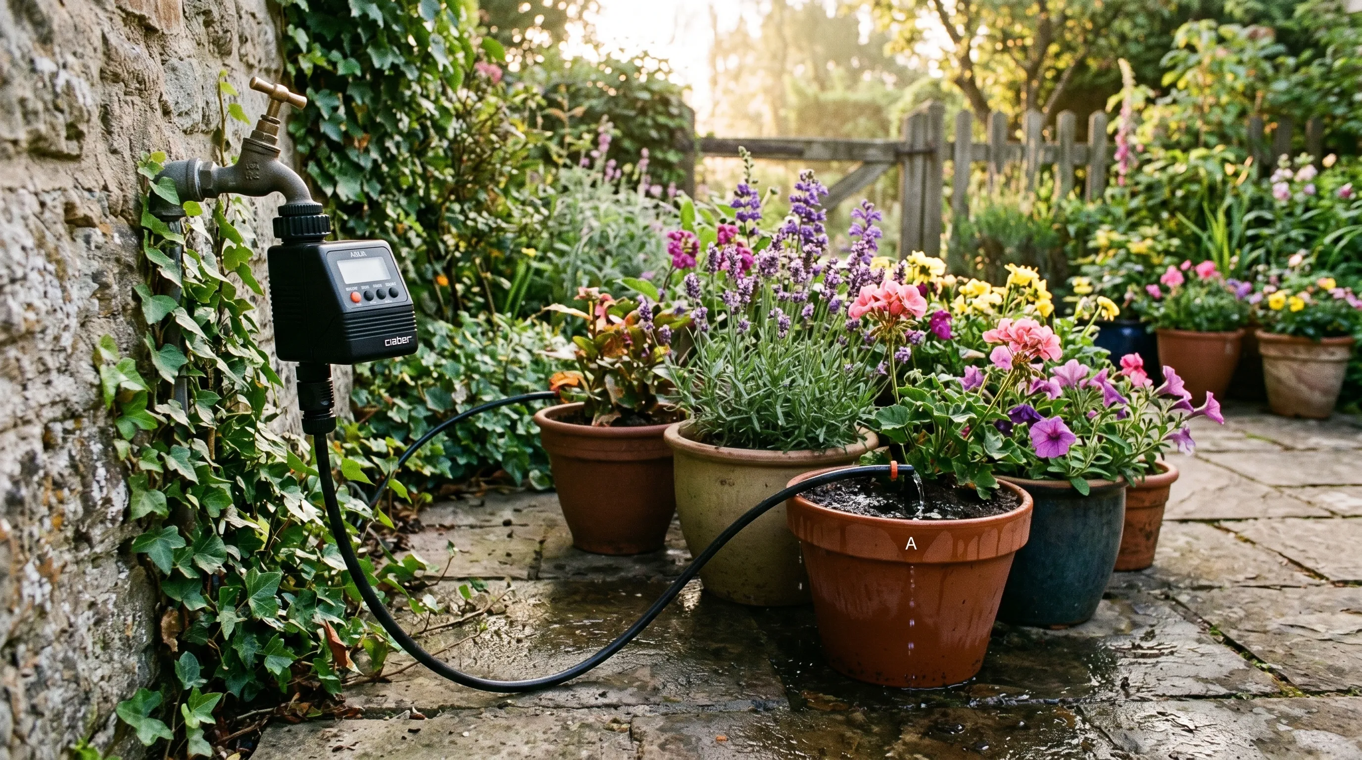 Battery tap timer fitted to an outdoor tap with a drip line running into a patio container display at dawn