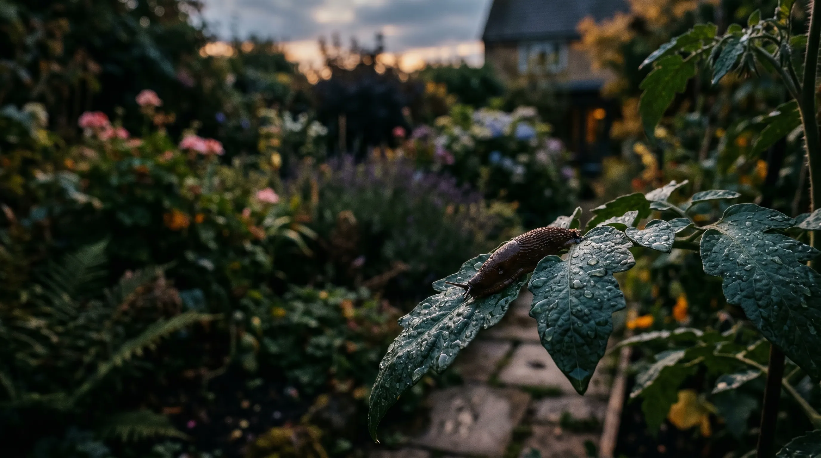Wet tomato foliage glistening at dusk in a UK garden border with a slug on a damp leaf