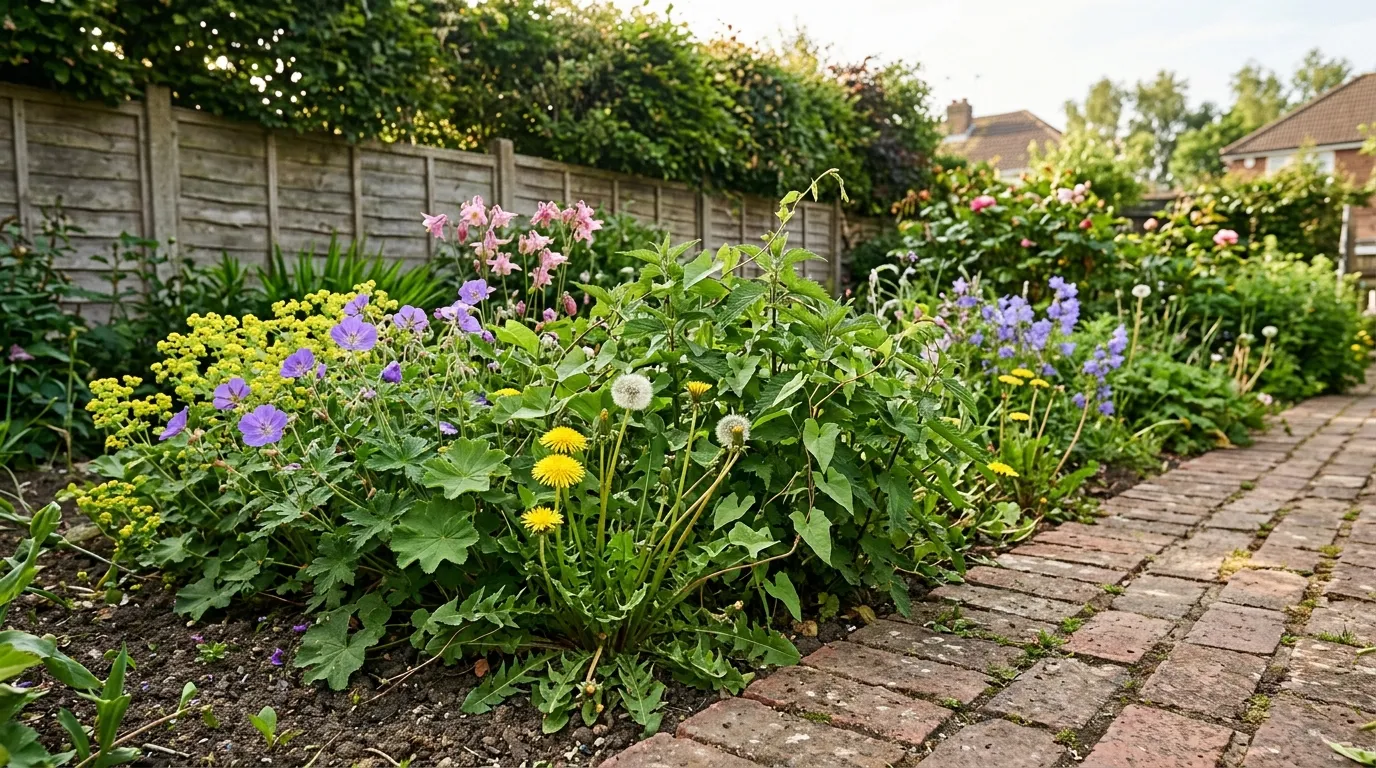 Common garden weeds UK growing between paving slabs and border plants in a British garden