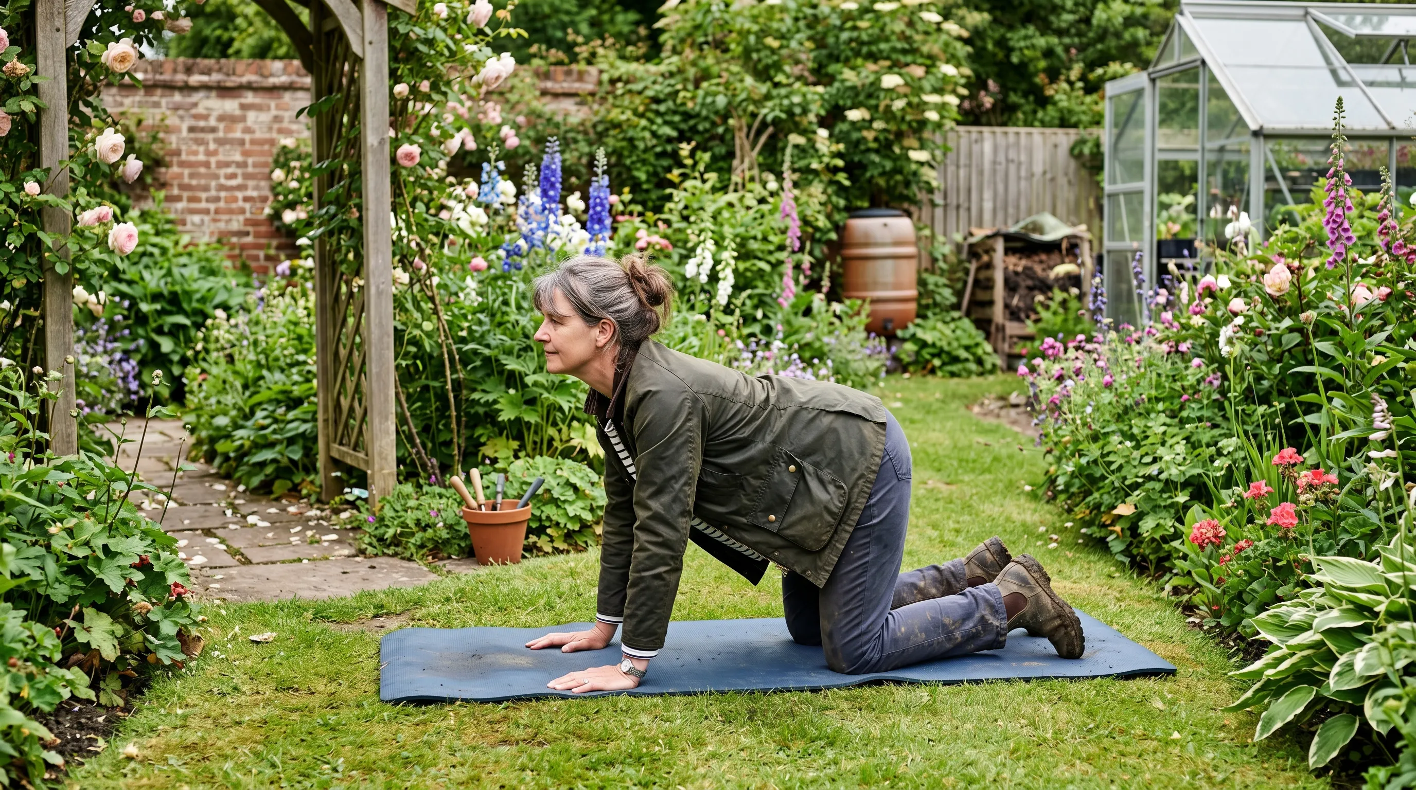 UK gardener doing a back stretch in their garden - cat-cow stretch on a yoga mat outdoors with garden borders visible in soft morning light