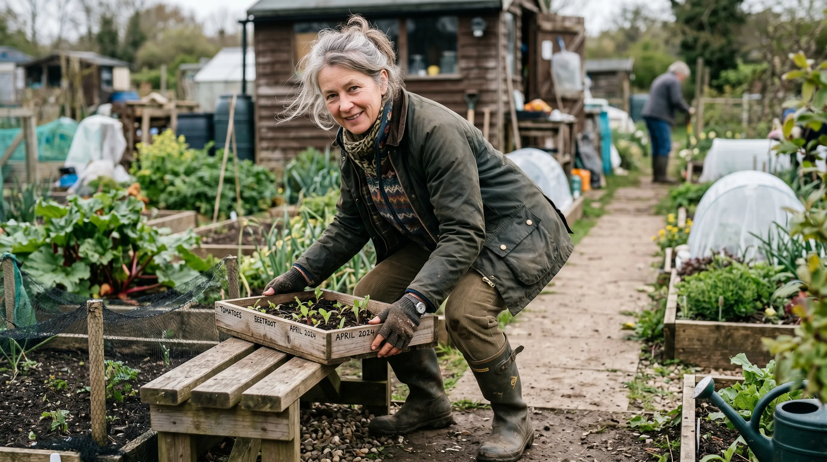 UK gardener in fifties demonstrating correct lifting posture in an allotment garden - bent at the knees, back straight, lifting a wooden seed tray