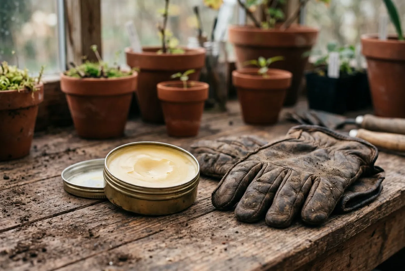 A round metal tin of beeswax barrier balm sitting open beside a pair of worn leather gardening gloves on a weathered potting bench