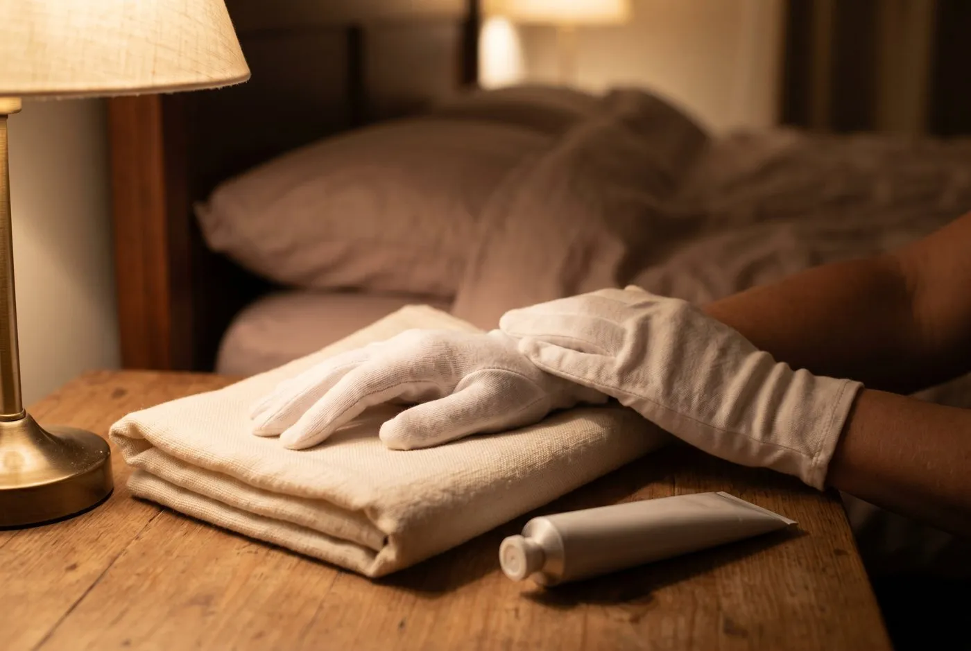Adult hands in thin white cotton gloves resting on a folded towel beside a tube of intensive hand cream under warm lamplight