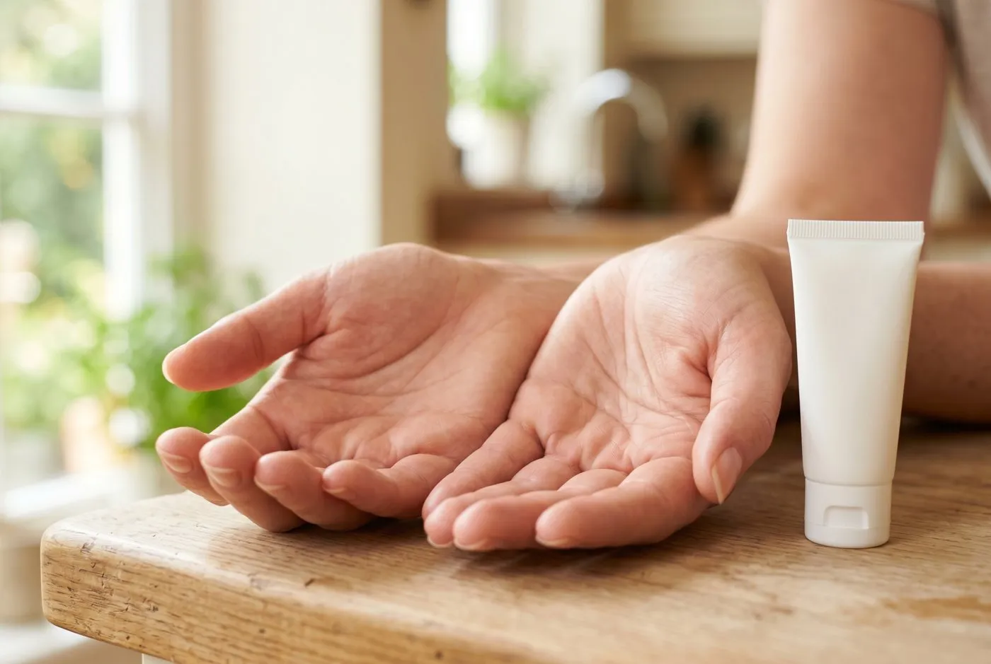 Smooth healed adult hands resting palm-up on a kitchen worktop beside a small tube of fragrance-free moisturiser in clean morning light