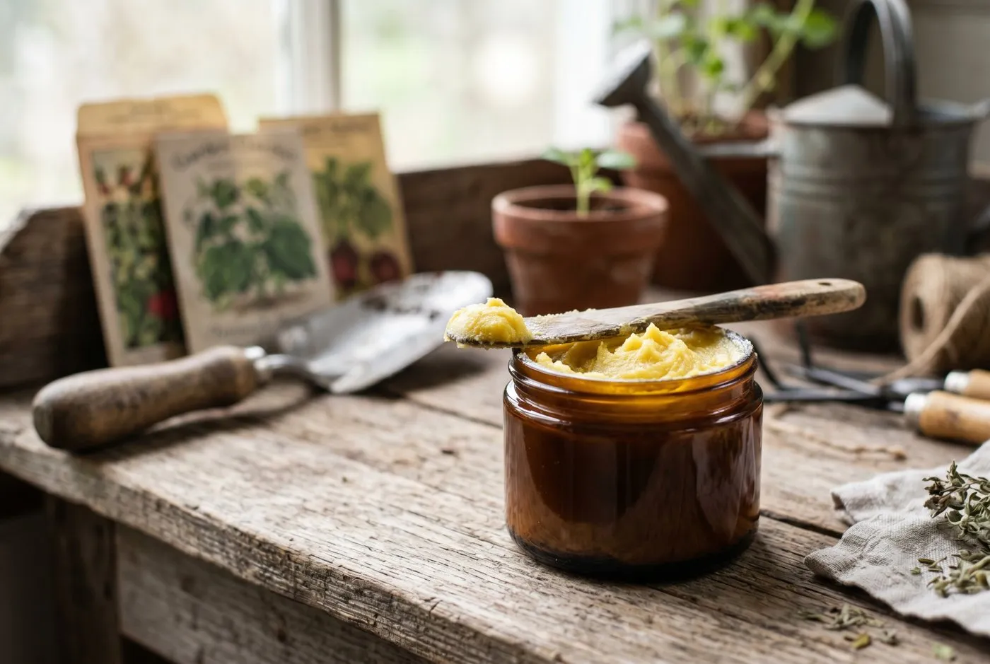 An open tub of thick yellow lanolin and shea butter balm on a rustic potting bench with a wooden spatula on the rim