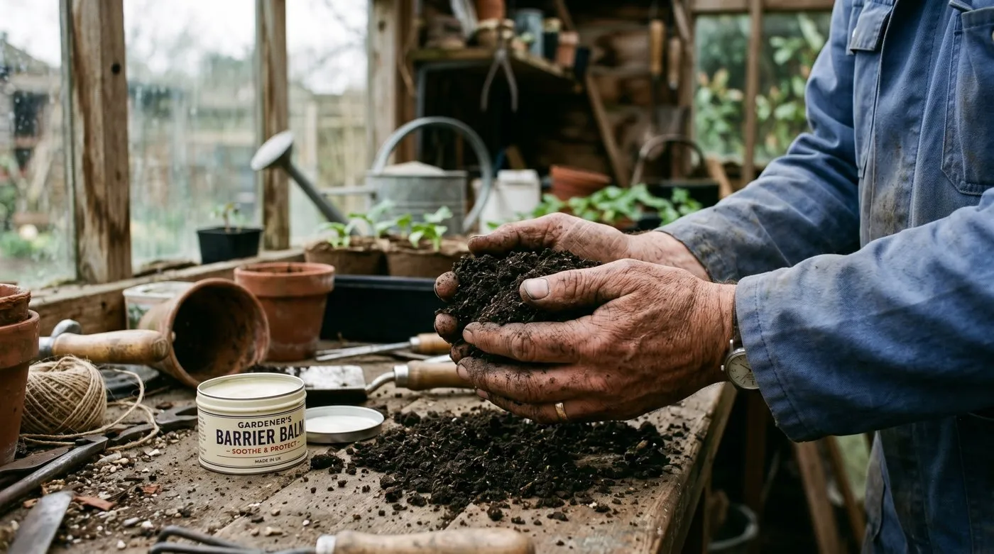 A UK gardener's soil-stained working hands cupping dark compost at a potting bench, dry skin and dirt ground into the knuckles, a tin of barrier balm beside them