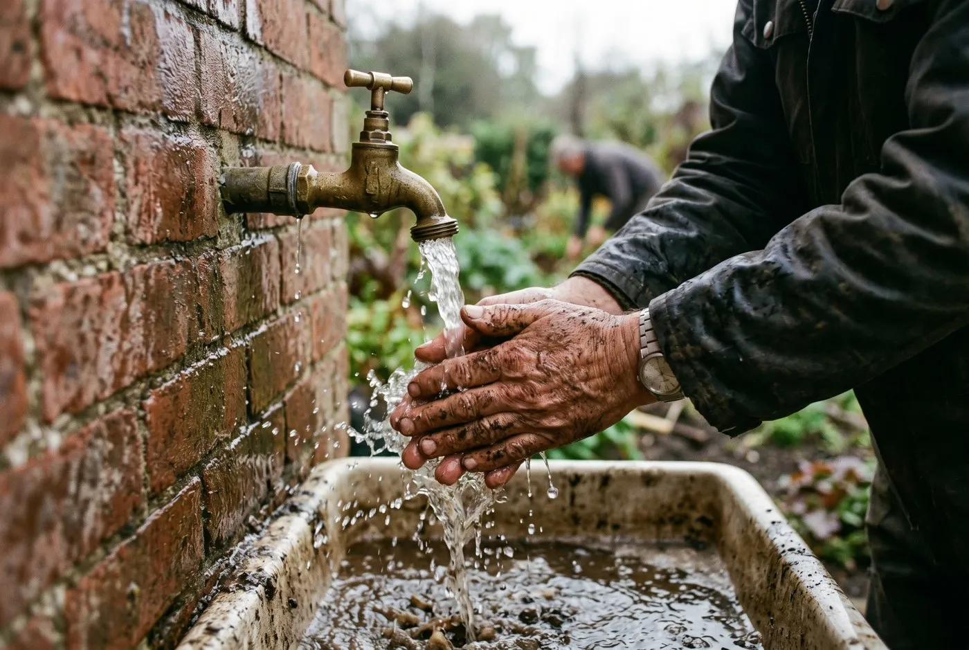 A UK gardener's soil-stained hands washing under a cold outdoor garden tap against a brick wall, water splashing off the skin