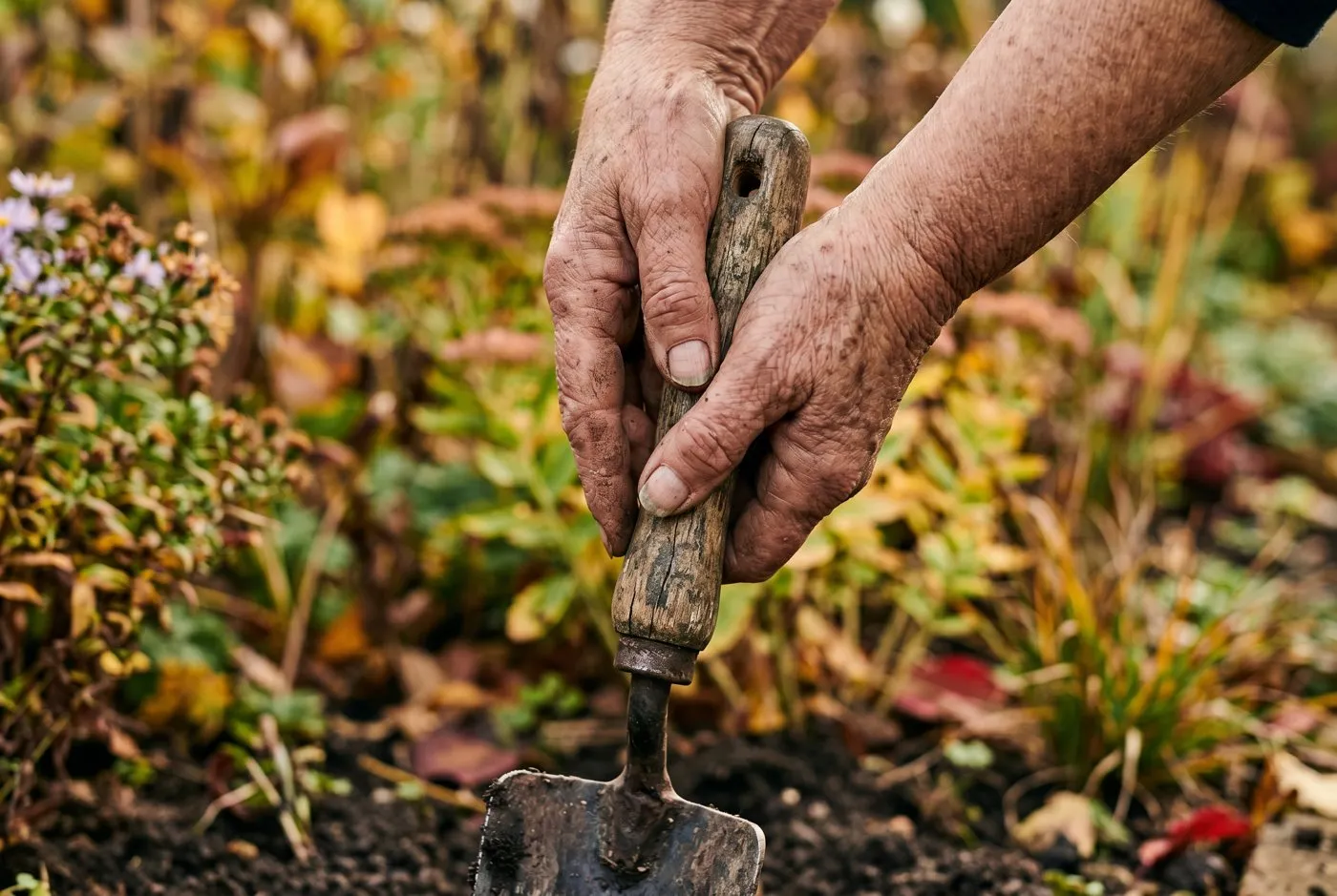 Weathered older adult hands gripping the wooden handle of a garden trowel, deep lines and dry skin across the back of the hands