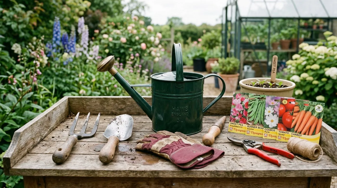 Essential beginner gardening tools laid out on a wooden potting bench including fork, trowel, secateurs, and watering can
