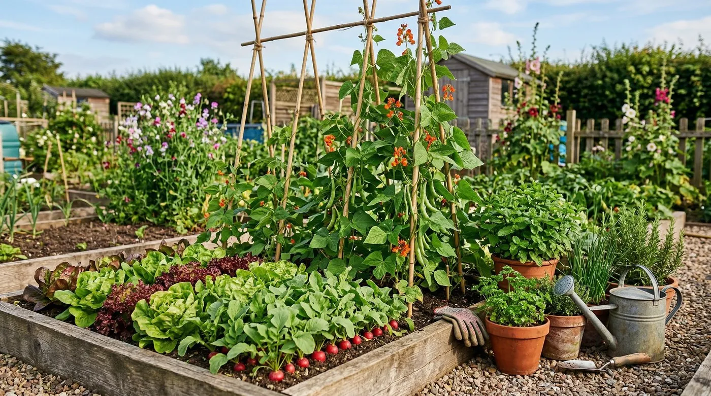 Easy beginner gardening vegetables growing in a UK raised bed including lettuce, radishes, runner beans on canes, and herb pots