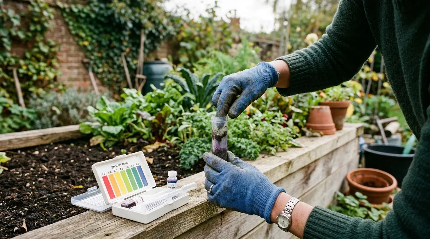 Beginner gardening soil pH test being performed in a UK garden with colour chart and raised bed in background