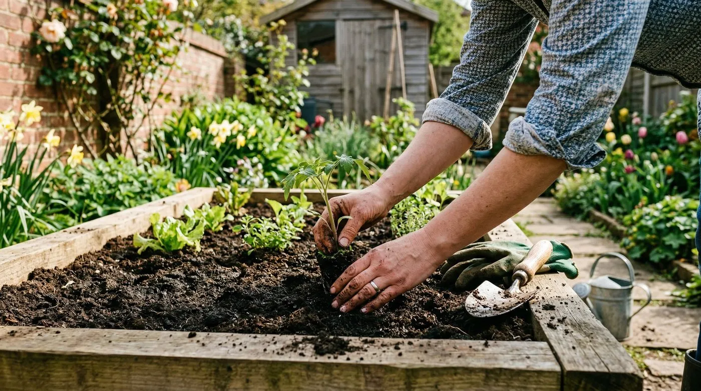 Beginner gardener planting seedlings in a raised bed in a UK back garden