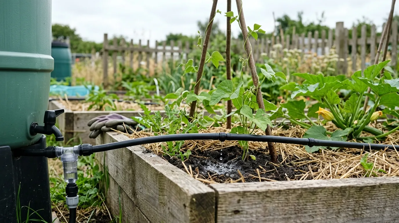 Gravity-fed drip irrigation line from water butt to raised vegetable bed on a Yorkshire allotment
