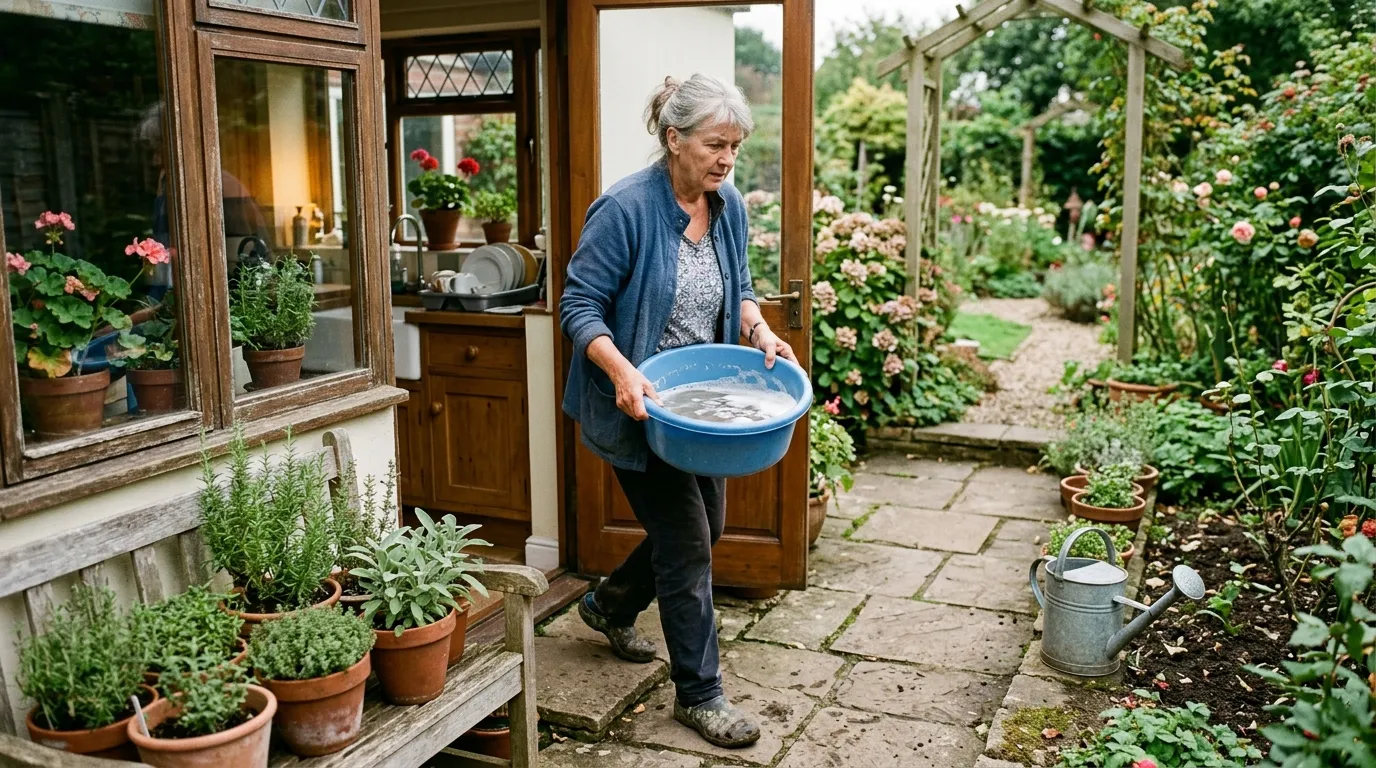 Gardener carrying a bowl of soapy washing-up grey water from a UK kitchen out to the garden