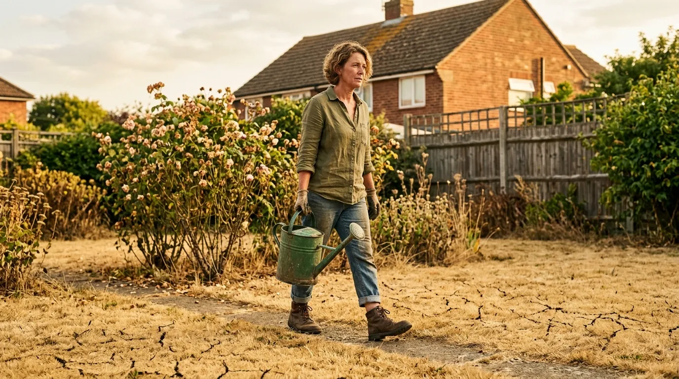 UK gardener carrying a green watering can across a parched suburban lawn during a hosepipe ban