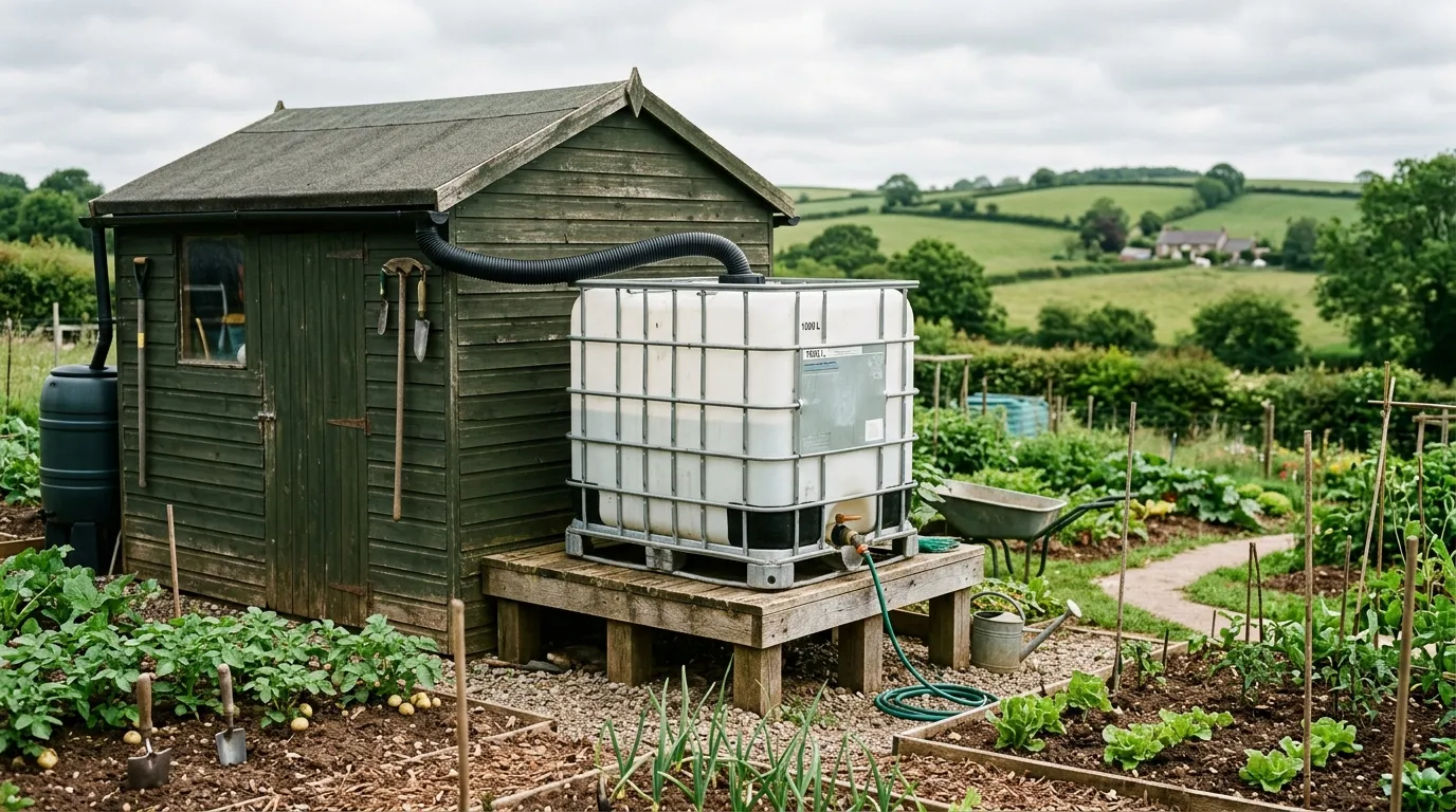1000-litre IBC water tank beside a garden shed on a Devon vegetable plot with downpipe connection