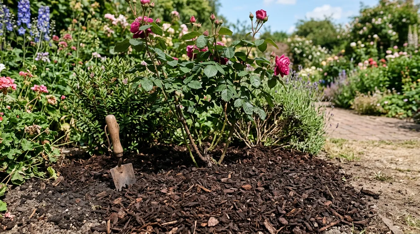 Thick bark mulch around shrubs in a Kent border showing the cooler darker soil beneath