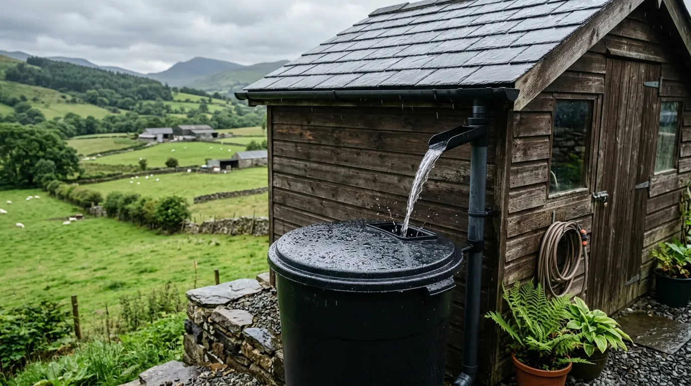 Black water butt under a UK shed downpipe collecting rainwater during a Welsh smallholding shower