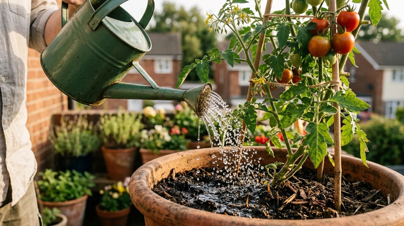 Close-up of a green watering can pouring water at the base of a tomato plant in a pot