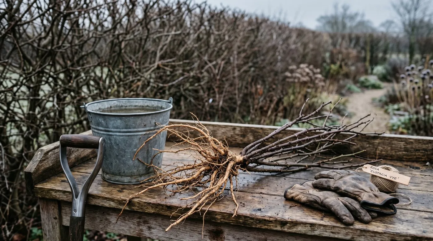 Bare-root rose with exposed roots laid on a potting bench beside a spade and a bucket of water before planting
