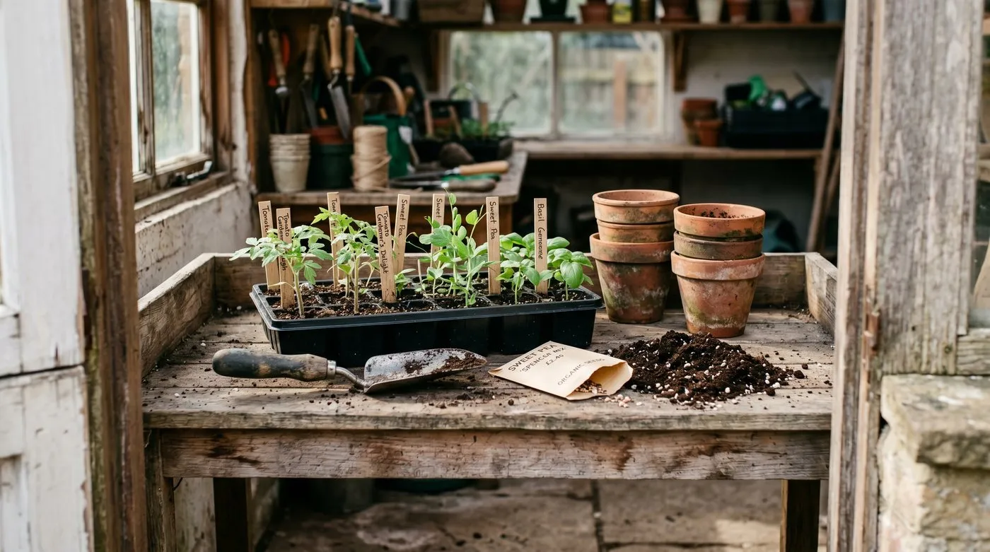 Weathered potting bench with seed trays, terracotta pots and handwritten plant labels illustrating common gardening glossary terms