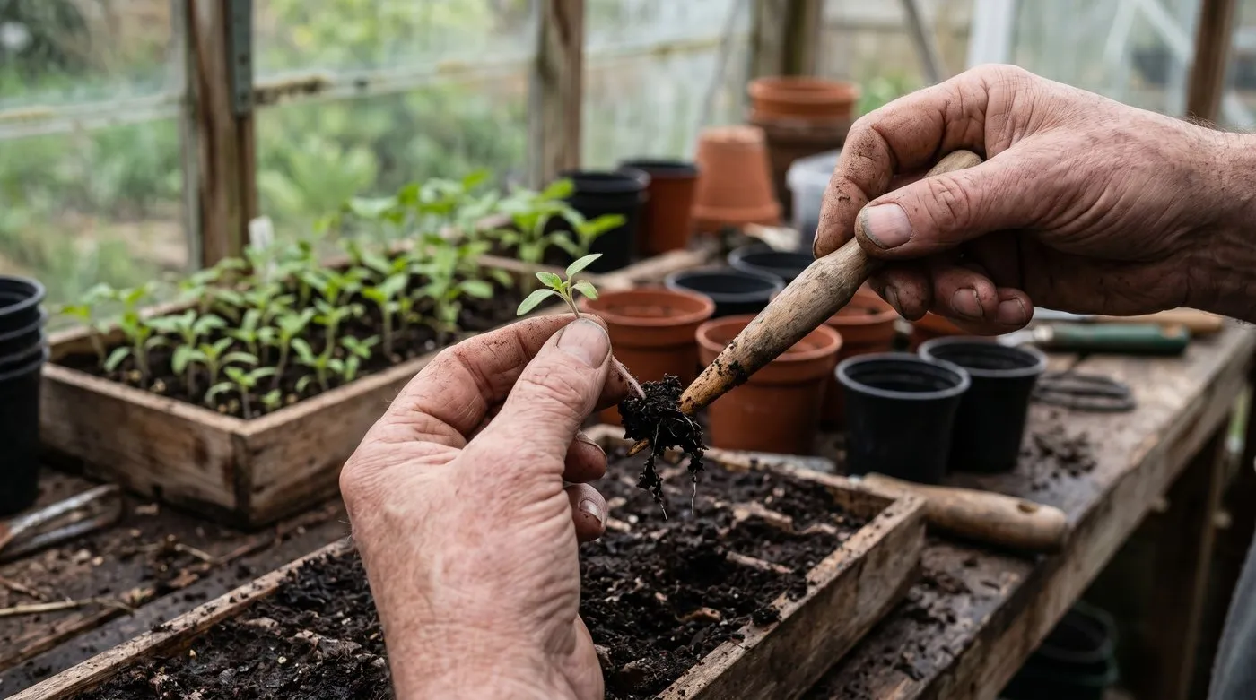 Gardener's hands lifting a tiny seedling by its seed leaf from a tray on a potting bench, illustrating the pricking out gardening term