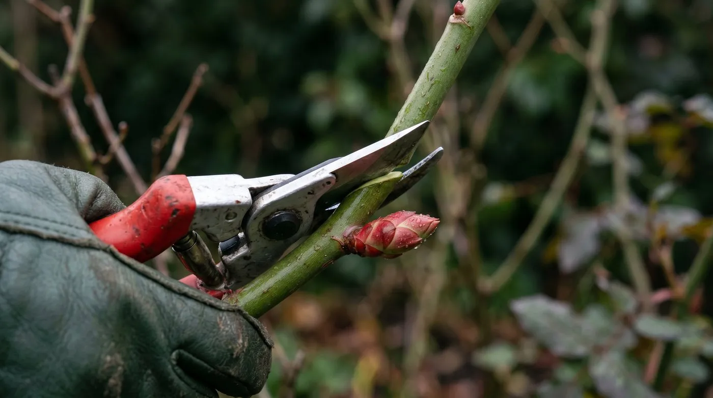 Macro close-up of secateurs making an angled cut 5mm above an outward-facing bud on a rose stem