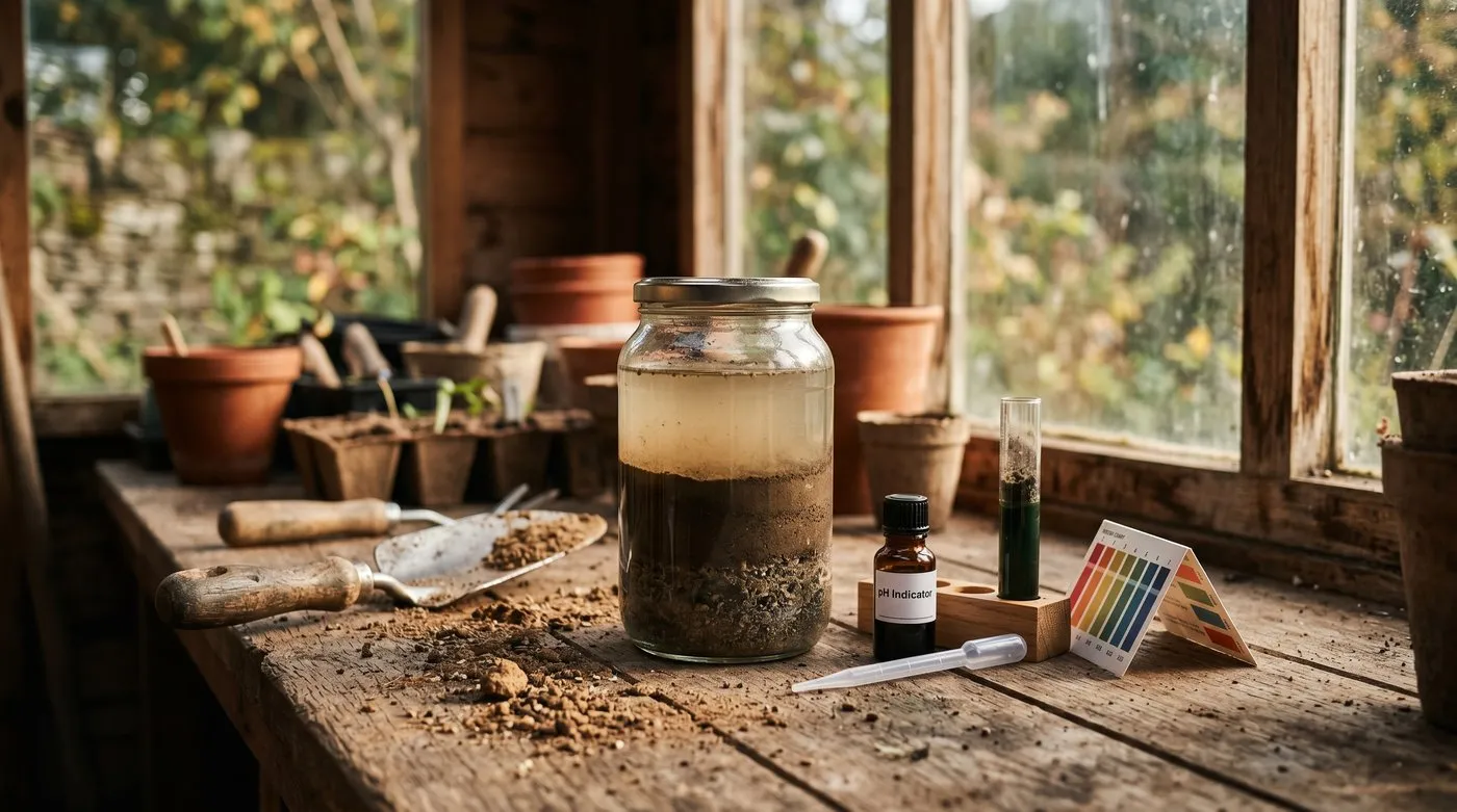 Jam jar soil test with settled layers of sand, silt and clay beside a pH testing kit on a wooden potting bench