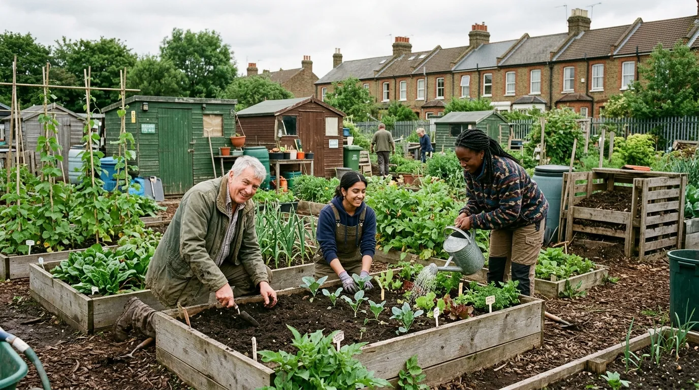 Community allotment gardeners working together on raised beds in a UK urban community garden