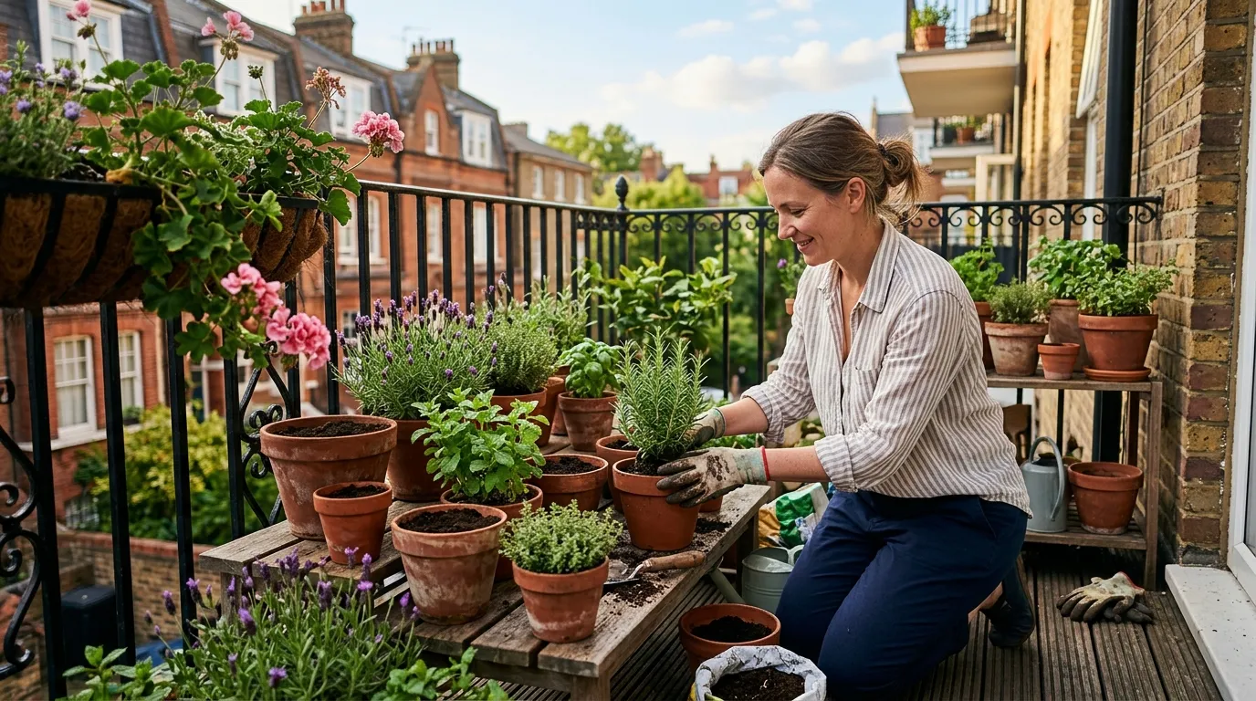 Person tending to a container garden with herbs and flowers on a UK patio for therapeutic gardening