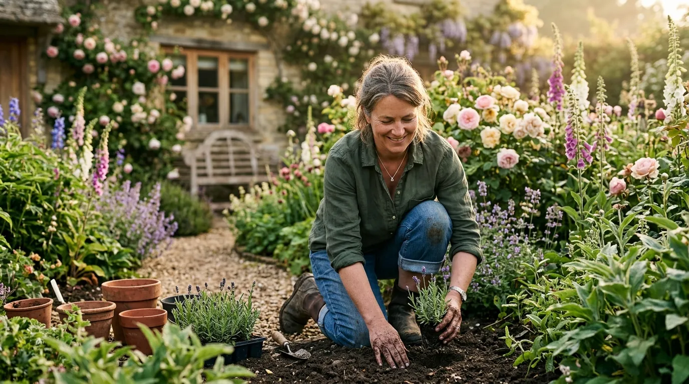Person practising gardening for mental health in a peaceful UK cottage garden with raised beds and lavender