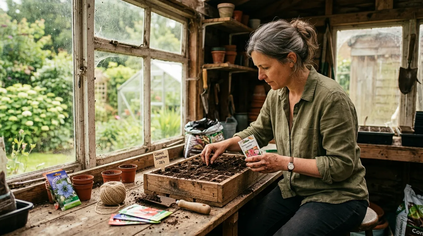 Mindful gardening scene showing hands sowing seeds in a tray on a wooden potting bench in a UK garden