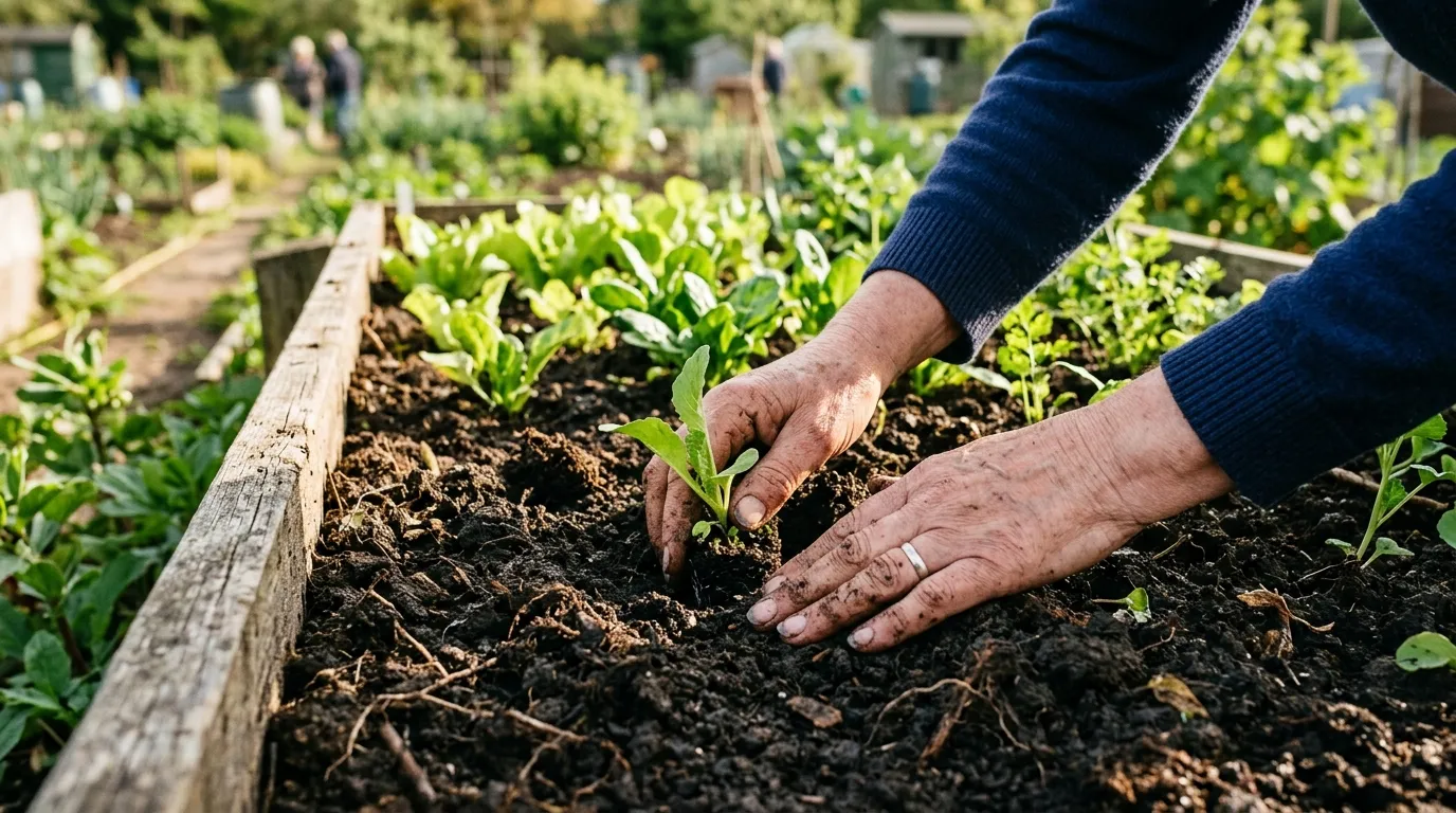 Person kneeling in soil planting seedlings for mental health benefits in a UK allotment garden