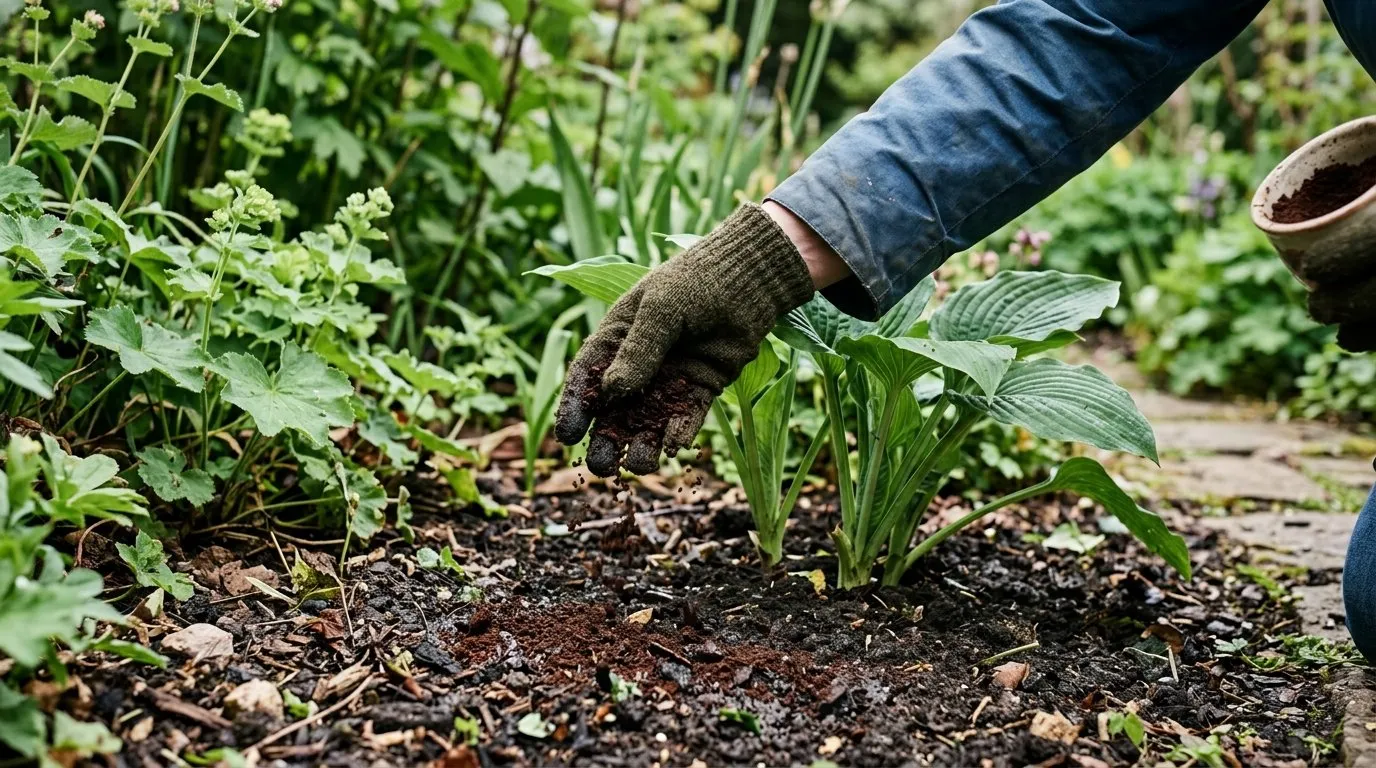 Used coffee grounds being scattered around plants in a UK garden bed