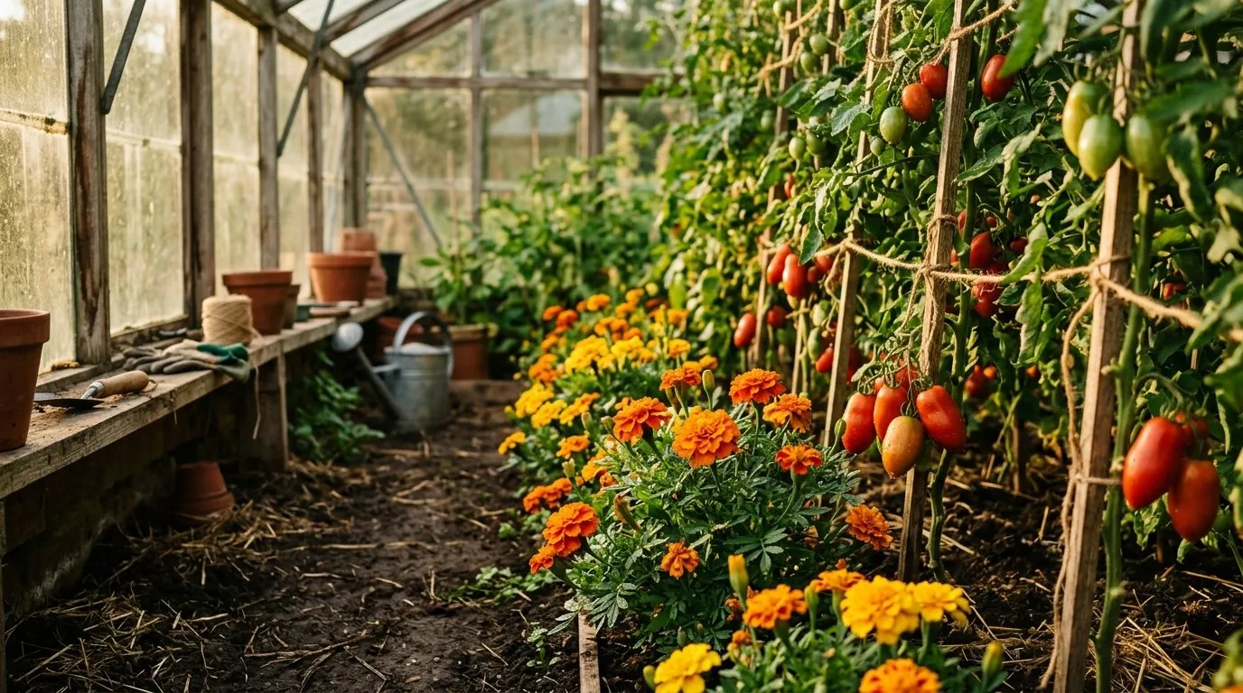 Marigolds growing between tomato plants in a UK greenhouse