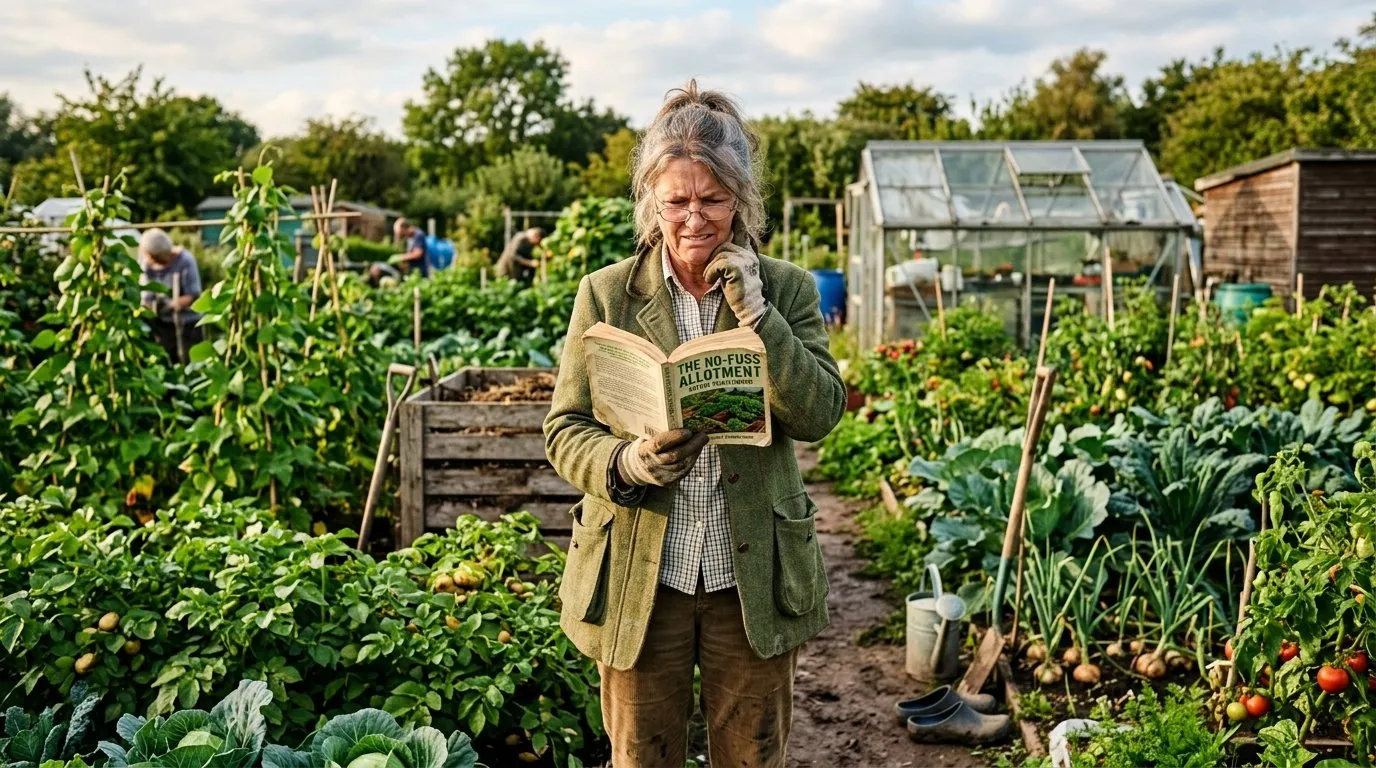 Gardener reading a gardening book with a sceptical expression on a UK allotment surrounded by thriving plants