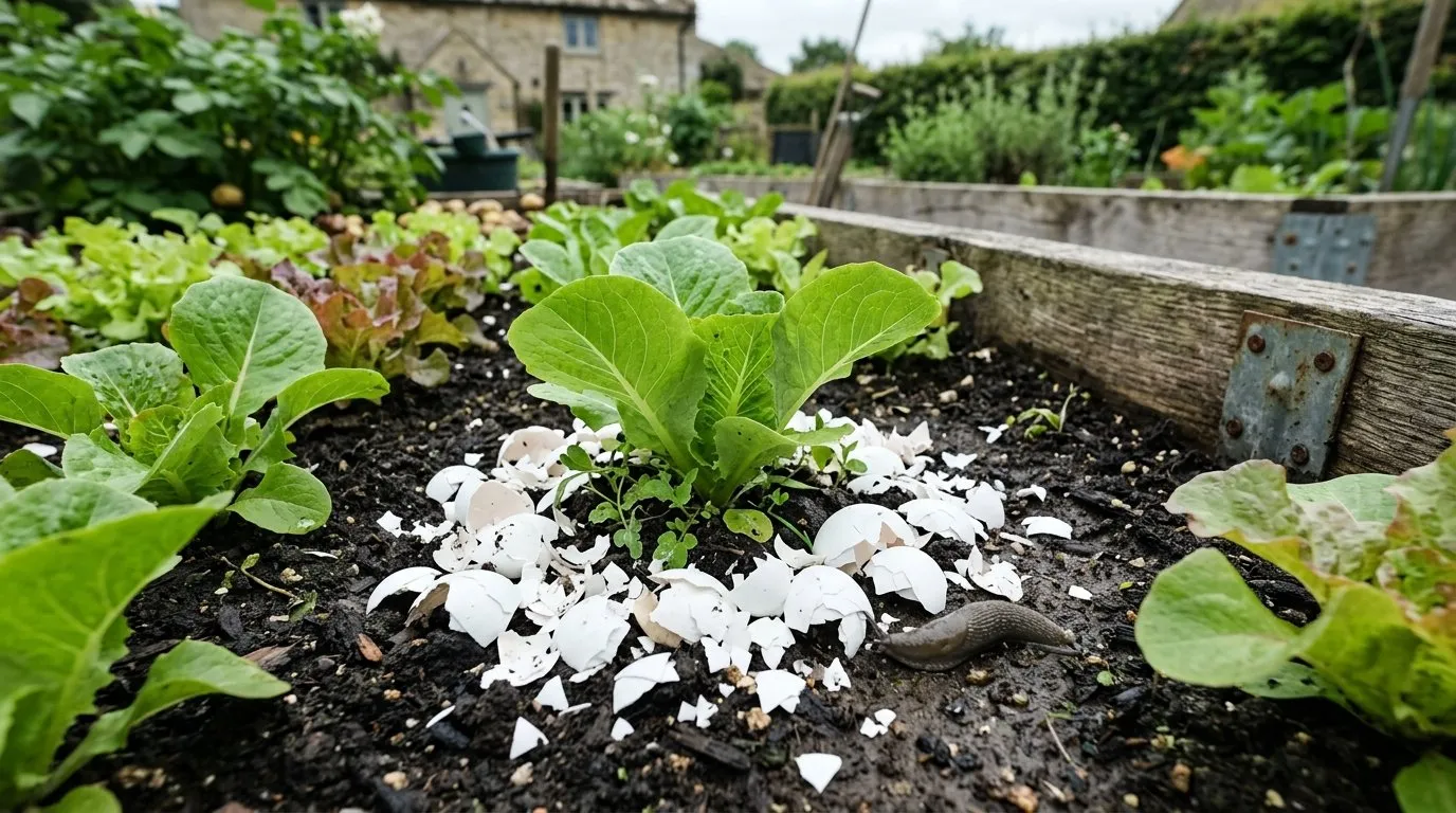 Crushed eggshells placed around lettuce plants with a slug nearby