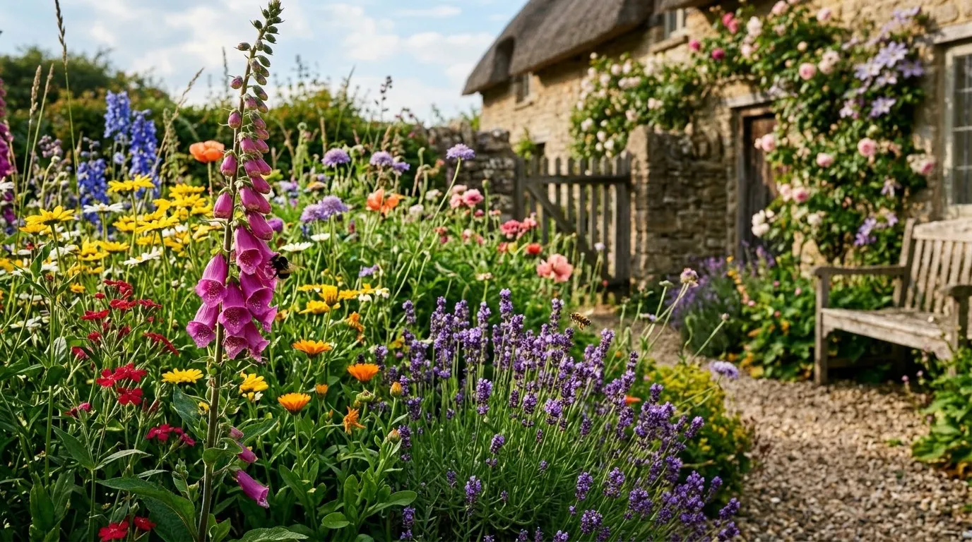 Mixed border combining native wildflowers with non-native garden plants and bees visiting