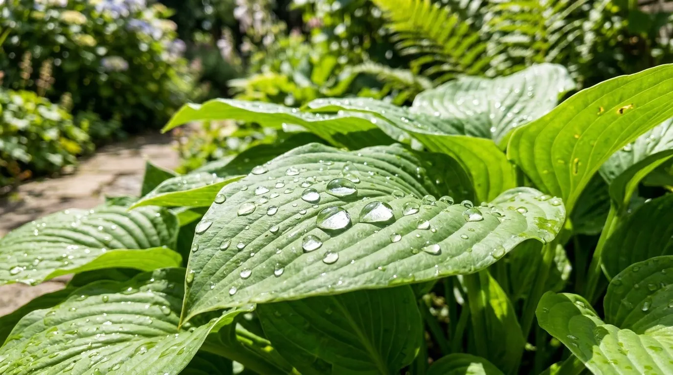 Water droplets on green plant leaves in full midday sunshine showing no leaf burn