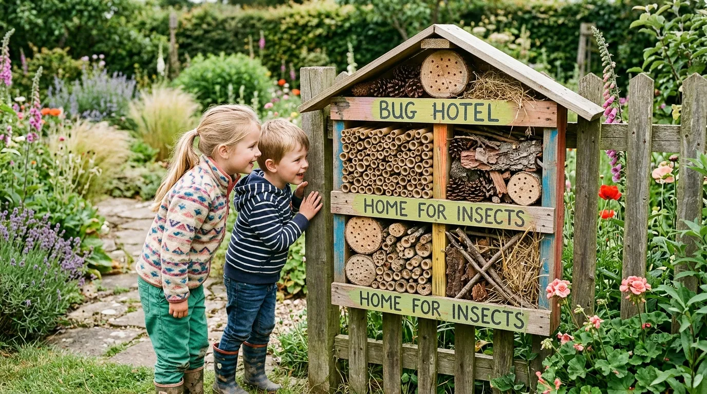 Gardening projects for kids UK bug hotel made from pallets and bamboo in a UK garden with children nearby
