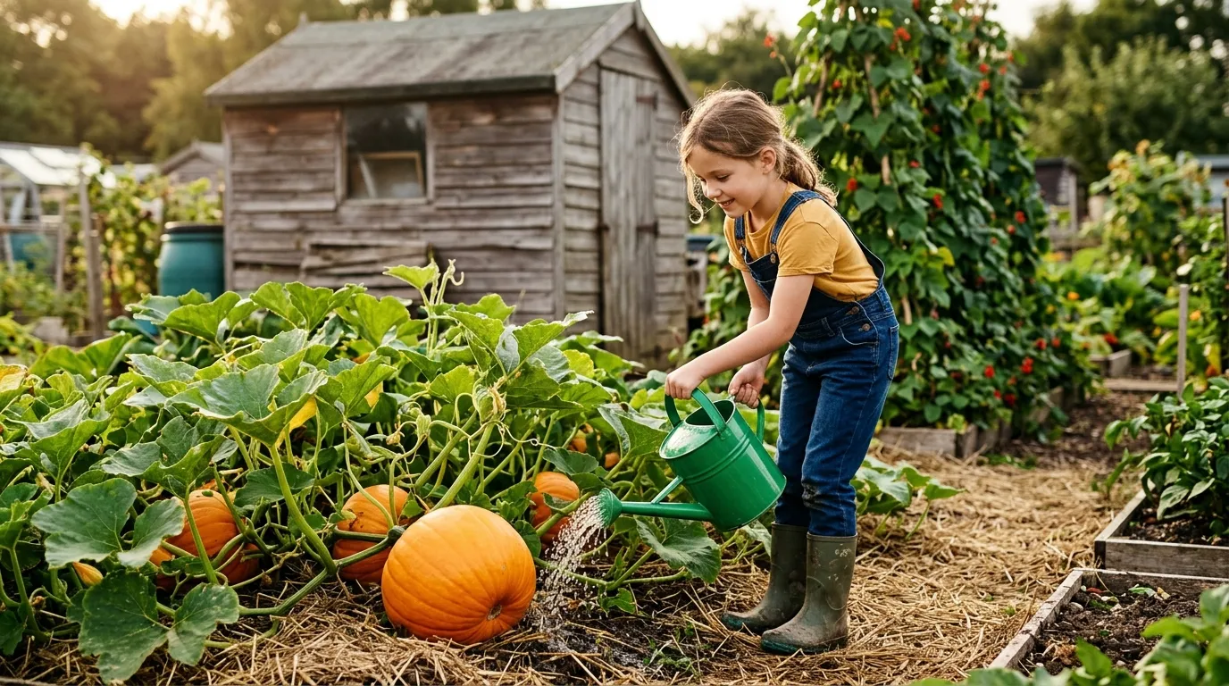 Gardening projects for kids UK pumpkin growing with a child watering a large pumpkin plant in a UK allotment