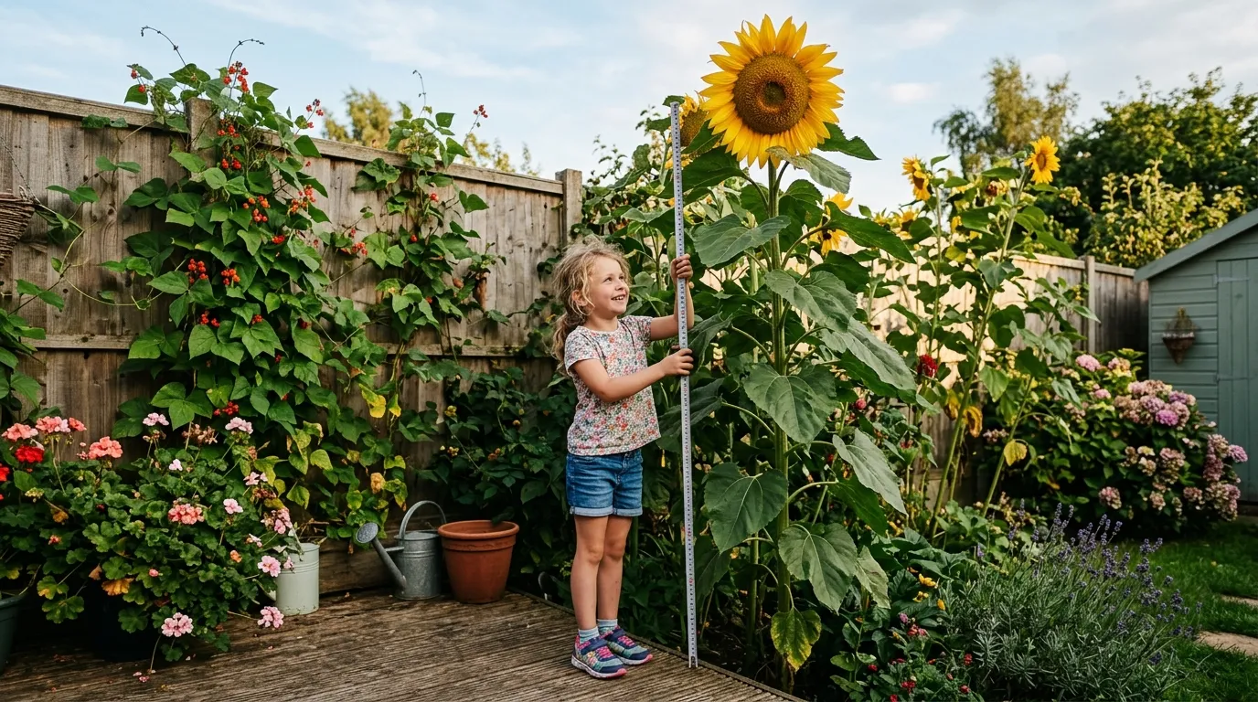 Gardening projects for kids UK sunflower race with a child measuring a tall sunflower against a garden fence