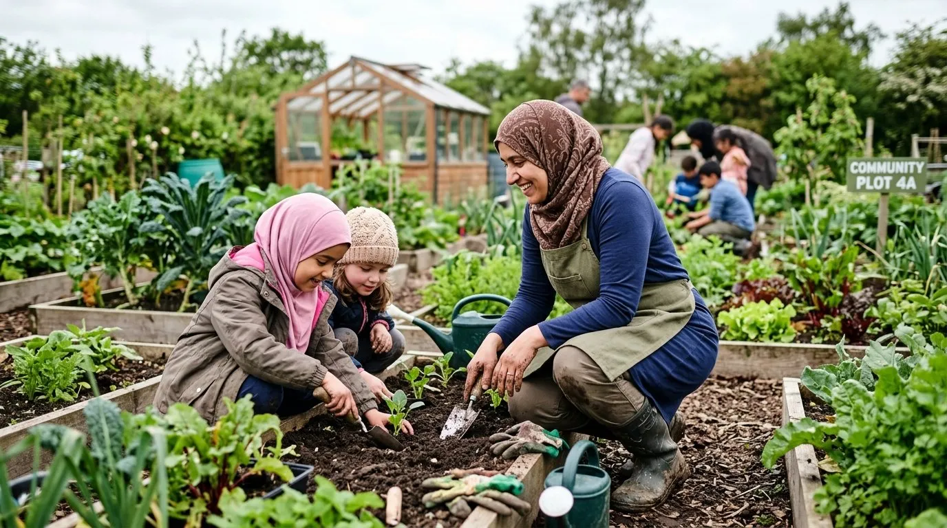 UK gardener working on gardening projects kids in a real garden setting
