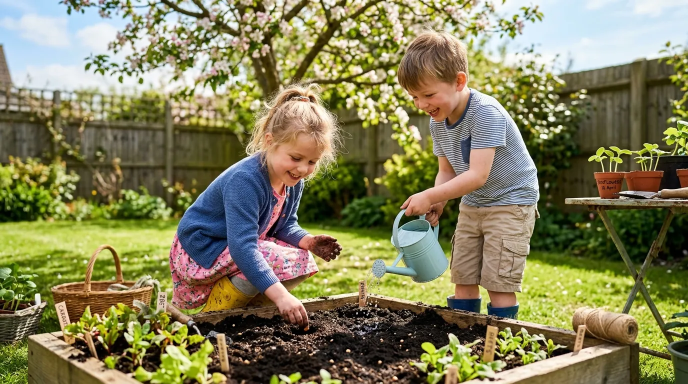 Gardening projects for kids UK showing children sowing sunflower seeds in a raised bed in a UK garden during spring