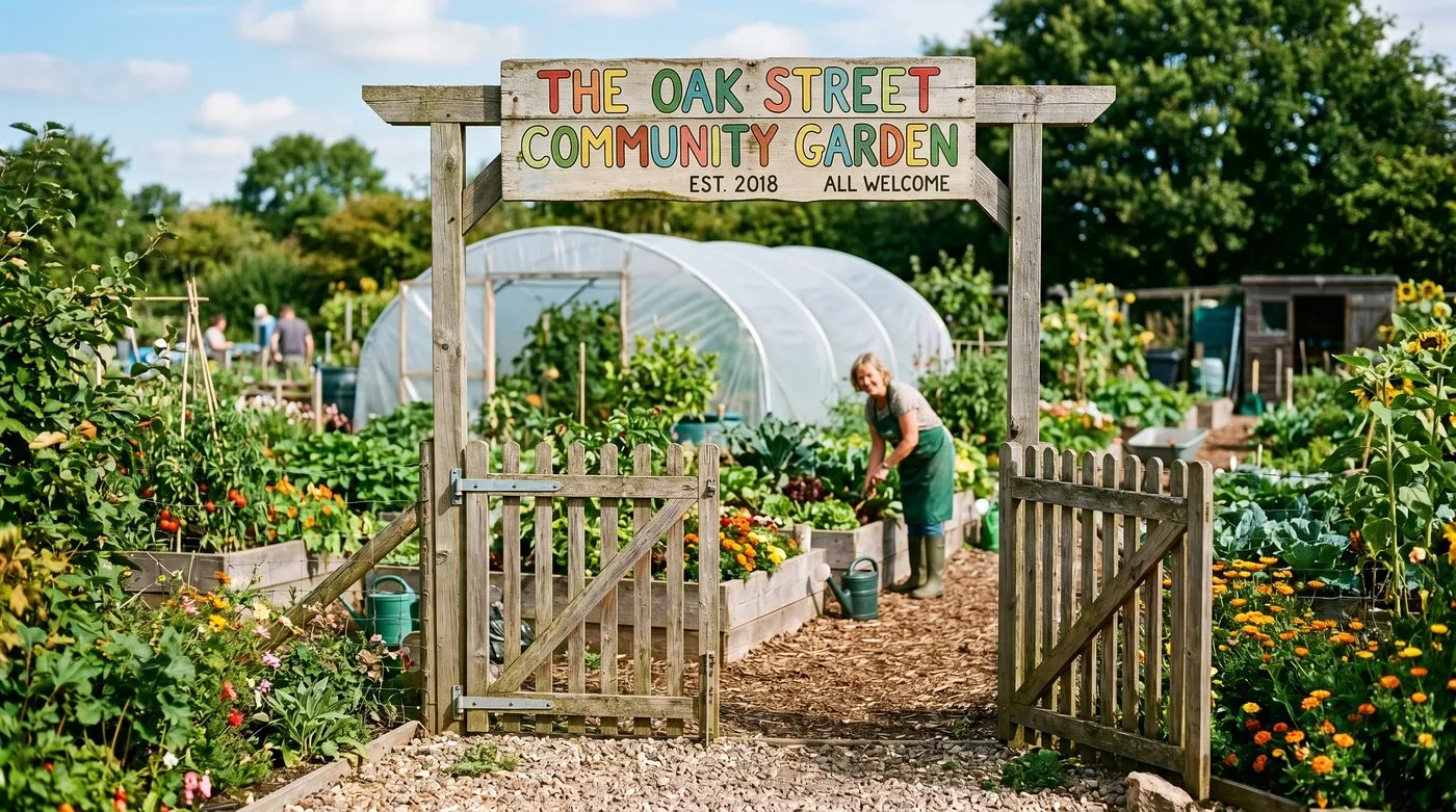 A welcoming community garden entrance with a painted sign, raised beds and a polytunnel behind