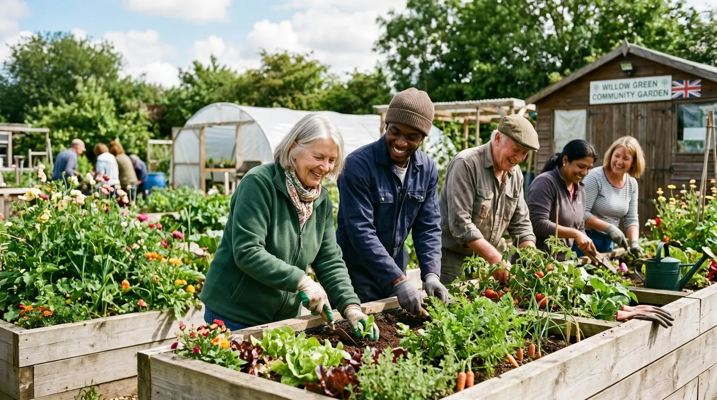 A group gardening together in raised beds at a community therapeutic garden in the UK